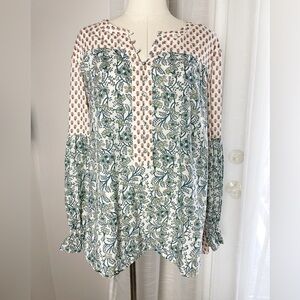 Sundance Cotton Floral Green & Red Long Sleeve Blouse Size Large